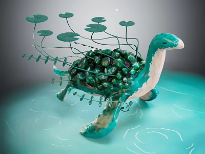 Artistic Teal Turtle Sculpture With Green Decorative Balls Lily Pads And Water Plants 3d model