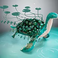 Artistic Teal Turtle Sculpture With Green Decorative Balls Lily Pads And Water Plants