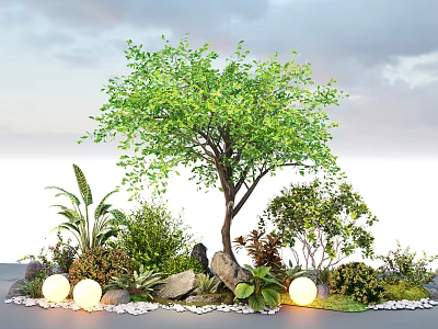 Natural Plant Combination With Large Tree Various Plants Stones And Glowing Spherical Lights 3d model