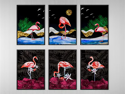 Six Piece Flamingo Animal Paintings With Moon Flying Birds And Foliage 3d model