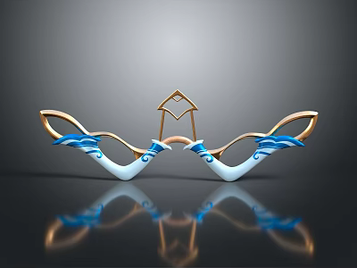 Ornate Weapon With Blue Wave Decorations Golden Frame Symmetric Wing Like Structure And Reflection 3d model