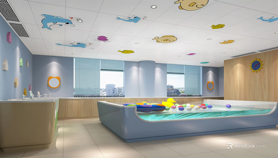 Baby Swimming Pool With Blue Walls Windows Cartoon Dolphin Fish Ceiling Decorations And Colorful Balls 3d model 
