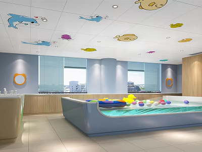 Baby Swimming Pool With Blue Walls Windows Cartoon Dolphin Fish Ceiling Decorations And Colorful Balls 3d model