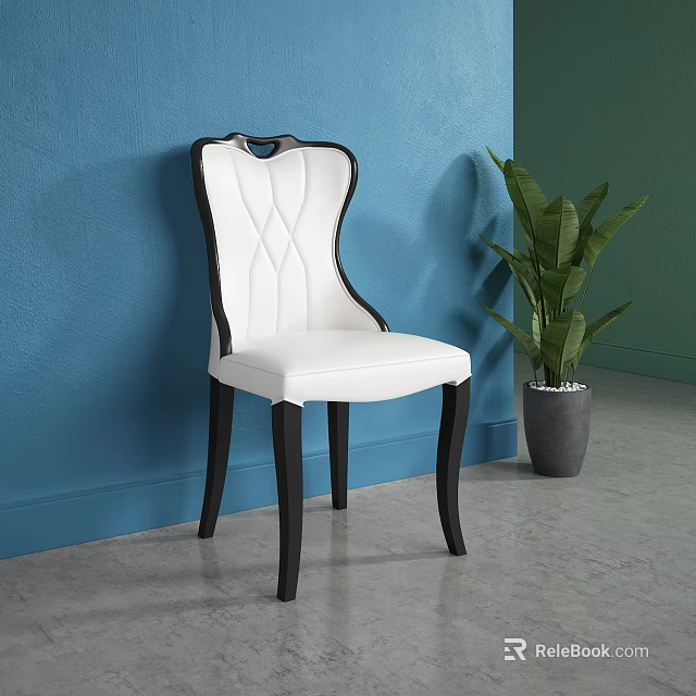 White upholstered dining chair with black frame against blue wall green plant gray floor 3d model 