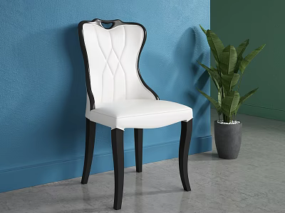 White upholstered dining chair with black frame against blue wall green plant gray floor 3d model
