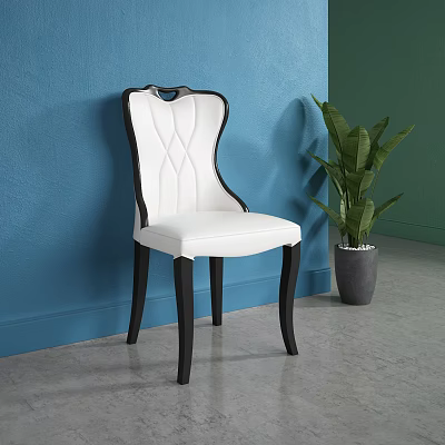 White upholstered dining chair with black frame against blue wall green plant gray floor 3d model