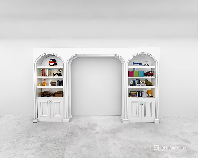 White Entryway Cabinet And Side Cabinet With Arched Design Open Shelves Books Decorations 3d model 