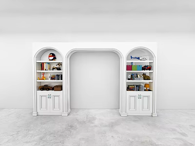 White Entryway Cabinet And Side Cabinet With Arched Design Open Shelves Books Decorations 3d model