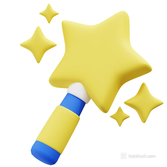Decorative Ornament Set Featuring Yellow Star Magic Wand With Small Stars And Blue White Accents 3d model 
