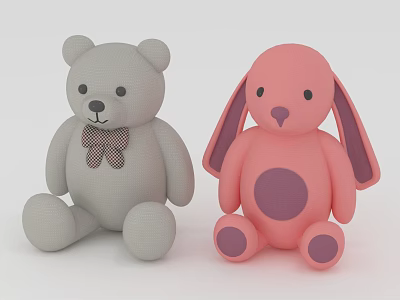 Gray Bear and Pink Rabbit Stuffed Toys with Bow Tie Big Ears Round Purple Belly 3d model