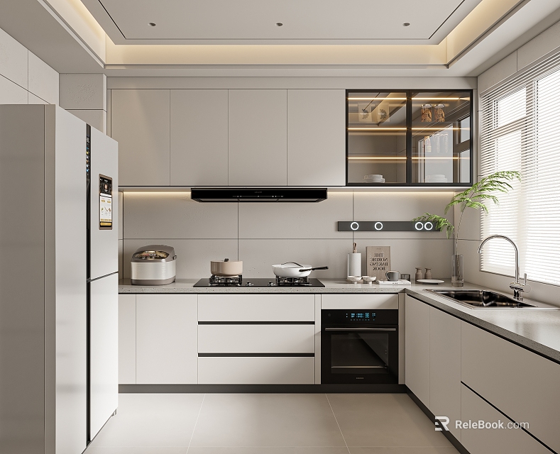 Modern White Kitchen Interior Design With Cabinets Refrigerator Cooktop Oven Sink And Plant 3d model 