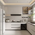 Modern White Kitchen Interior Design With Cabinets Refrigerator Cooktop Oven Sink And Plant