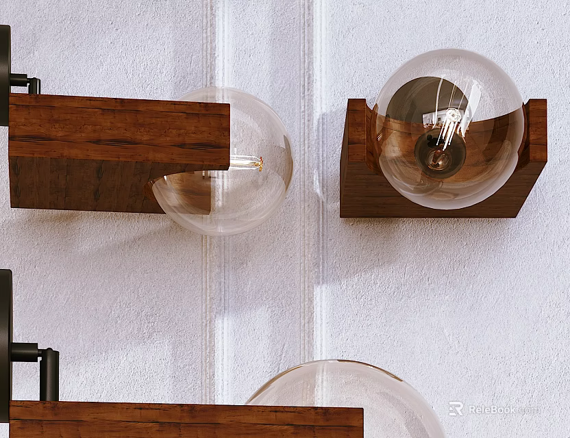 Modern Wall Lamps With Wooden Base And Transparent Glass Globe Mounted On White Wall 3d model 
