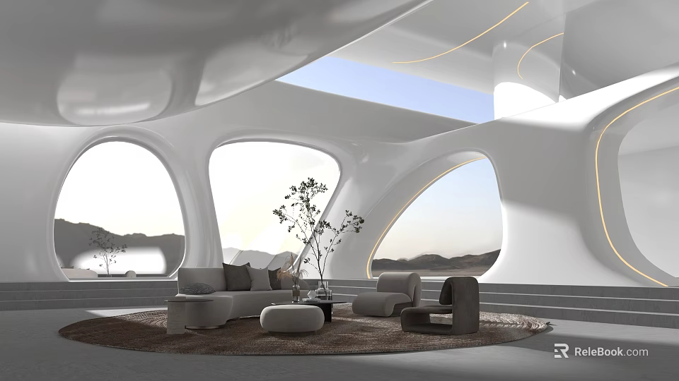 Luxury Clubhouse Featuring White Curved Architecture Large Windows Sofas Plants Distant Mountains With Natural Light 3d model 