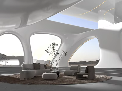 Luxury Clubhouse Featuring White Curved Architecture Large Windows Sofas Plants Distant Mountains With Natural Light 3d model