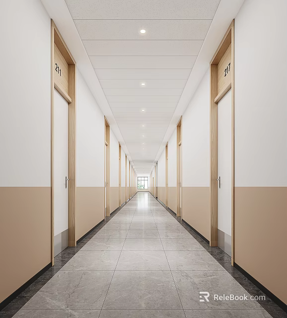 Elevator Hallway With White And Beige Walls Gray Tiled Floor And Doors On Both Sides 3d model 