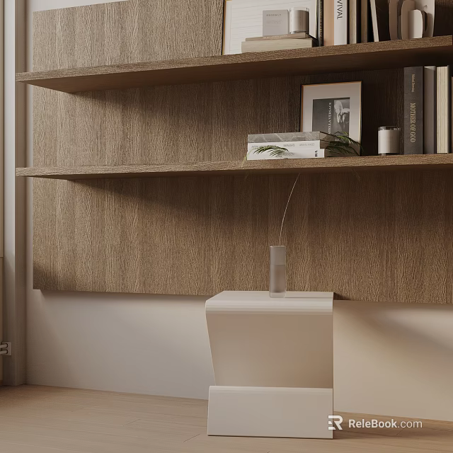 Modern Minimalist Side Table With Wooden Wall Shelves Books Photo Frame And Decorative Vase 3d model 