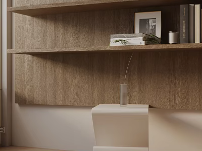 Modern Minimalist Side Table With Wooden Wall Shelves Books Photo Frame And Decorative Vase 3d model