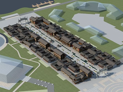 Traditional Commercial Street With Arranged Shops Greenery And Pedestrian Walkways 3d model