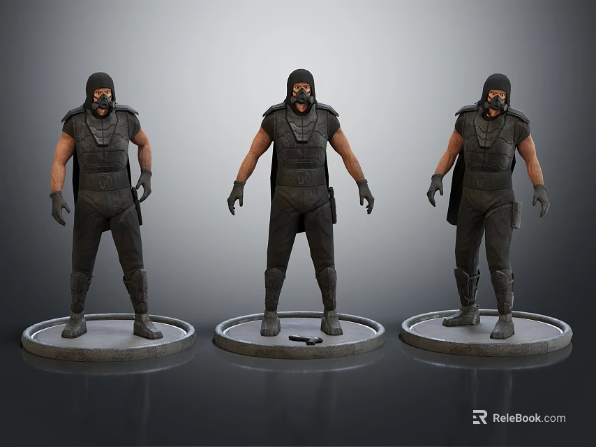 Three Warrior Character Models In Armor Standing With Different Poses On Pedestals 3d model 