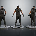 Three Warrior Character Models In Armor Standing With Different Poses On Pedestals