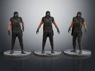 Three Warrior Character Models In Armor Standing With Different Poses On Pedestals 3d model