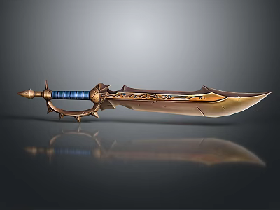 Fantasy Weapon Sword with Golden Blade Blue Hilt Ornate Decorative Patterns and Metallic Accents 3d model
