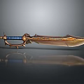 Fantasy Weapon Sword with Golden Blade Blue Hilt Ornate Decorative Patterns and Metallic Accents