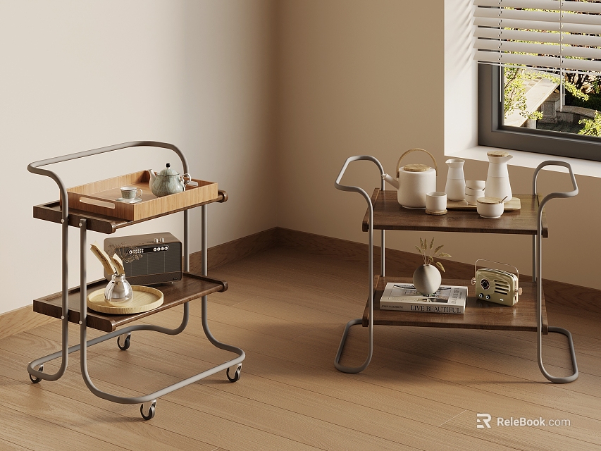 Modern Side Tables with Metal Frame Wooden Shelves and Decorative Items on Wheels 3d model 