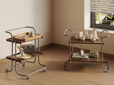 Modern Side Tables with Metal Frame Wooden Shelves and Decorative Items on Wheels 3d model