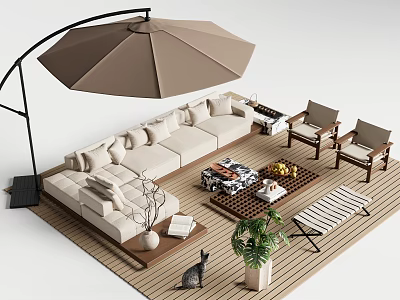 Outdoor Sofa with Plush Cushions on Wooden Deck Featuring Large Umbrella Coffee Table and Chairs 3d model
