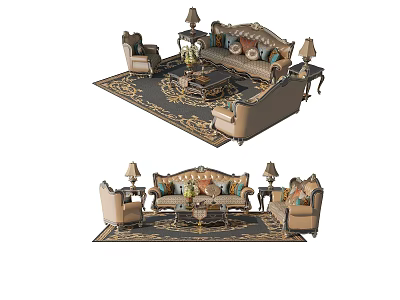 Elegant Ornate Sofa And Coffee Table Set With Decorative Pillows Area Rug And Accent Chairs 3d model