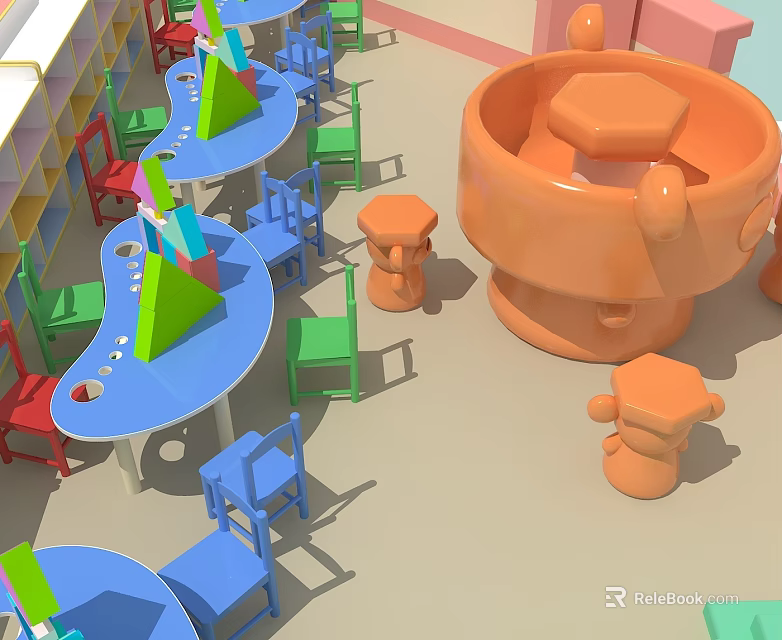 Colorful Children's Play Equipment With Blue Tables Green Red Chairs And Orange Interactive Structures 3d model 