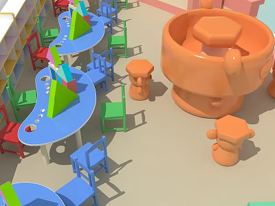 Colorful Children's Play Equipment With Blue Tables Green Red Chairs And Orange Interactive Structures 3d model