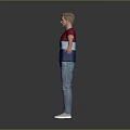 Man Wearing Red and Blue Striped T-shirt Blue Jeans White Sneakers Arms Outstretched Gray Background