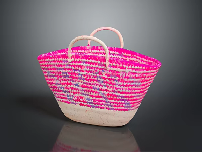 Handwoven Animal Themed Basket With Pink And White Stripes And Dual Handles 3d model