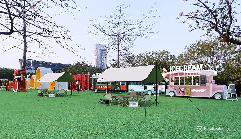 Scenic Urban Park Landscape With Green Grass Tents Ice Cream Trucks And Tall Buildings 3d model 