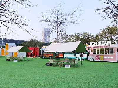 Scenic Urban Park Landscape With Green Grass Tents Ice Cream Trucks And Tall Buildings 3d model