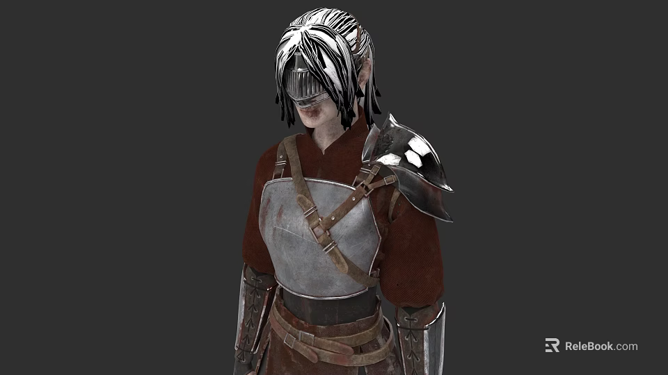 Woman with black and white braided hair wearing red tunic and metal shoulder armor 3d model 
