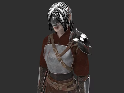 Woman with black and white braided hair wearing red tunic and metal shoulder armor 3d model