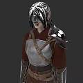 Woman with black and white braided hair wearing red tunic and metal shoulder armor