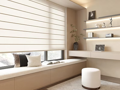 Cozy Modern Window Seat Interior With Blinds Pillows Book Stool Shelves And Desk 3d model