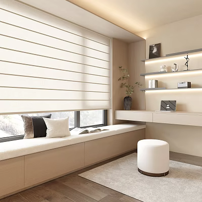 Cozy Modern Window Seat Interior With Blinds Pillows Book Stool Shelves And Desk 3d model