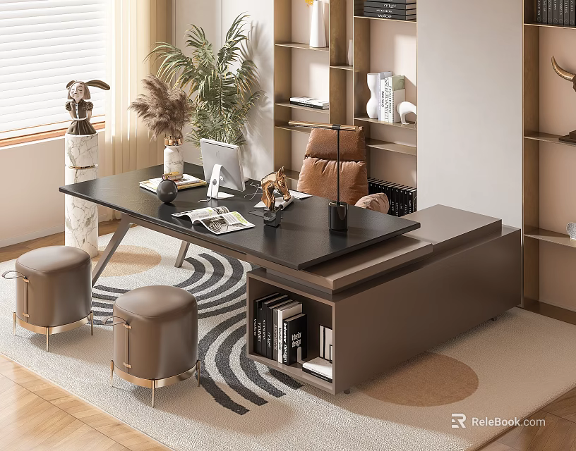 Elegant Modern Office Desk Interior With Black Tabletop Gold Stools Storage Cabinet And Potted Plants 3d model 