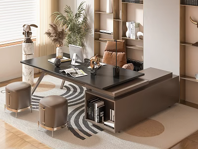 Elegant Modern Office Desk Interior With Black Tabletop Gold Stools Storage Cabinet And Potted Plants 3d model
