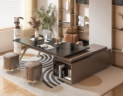 Elegant Modern Office Desk Interior With Black Tabletop Gold Stools Storage Cabinet And Potted Plants 3d model