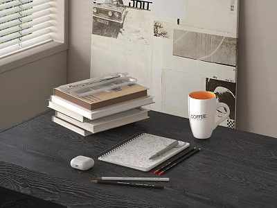 Dark Wooden Workspace Table With Stacked Books Coffee Mug Mouse Notebook And Stationery 3d model