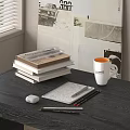 Dark Wooden Workspace Table With Stacked Books Coffee Mug Mouse Notebook And Stationery