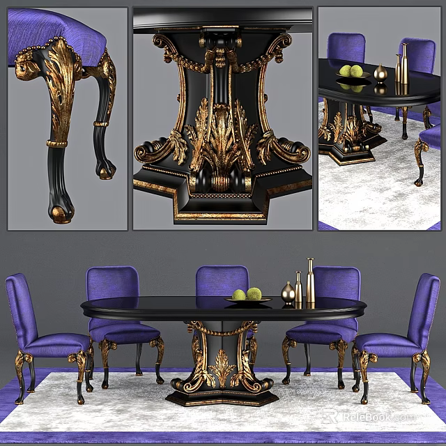 Luxurious Dining Table And Chairs Set With Purple Seats Golden Carved Legs 3d model 
