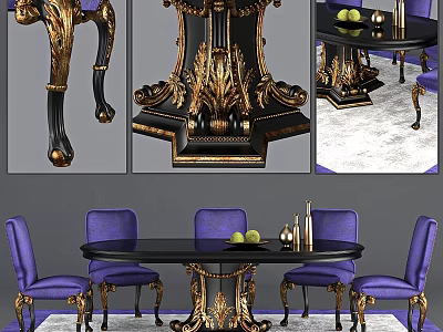 Luxurious Dining Table And Chairs Set With Purple Seats Golden Carved Legs 3d model